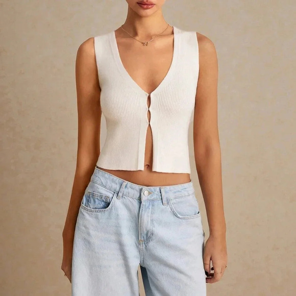 Beige Casual Women's Sleeveless Knit Open Placket Tank Top Vest - Picture 7 of 7